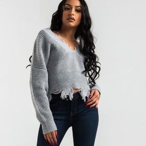 Crop grey distressed sweater
